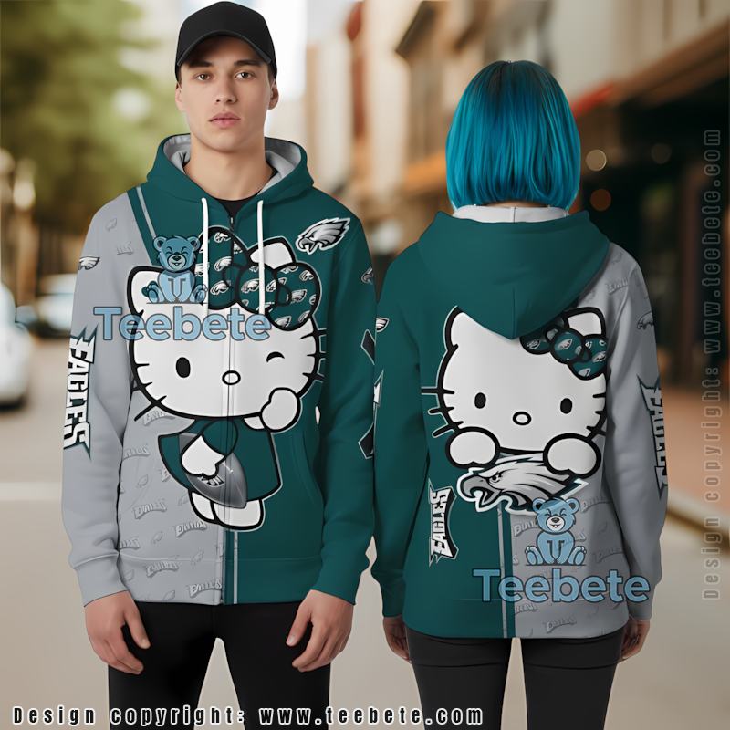 Philadelphia Eagles Kitty Cat Hug 3D Hoodie Blue White