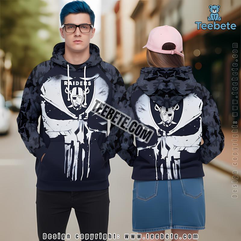 Las Vegas Raiders Punisher Skull 3D Zip Up Hoodie Grey Black