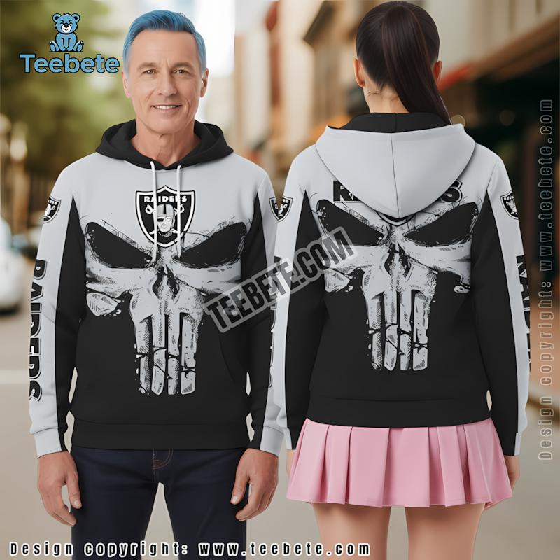 Las Vegas Raiders Punisher Skull 3D Zip Up Hoodie Grey Black