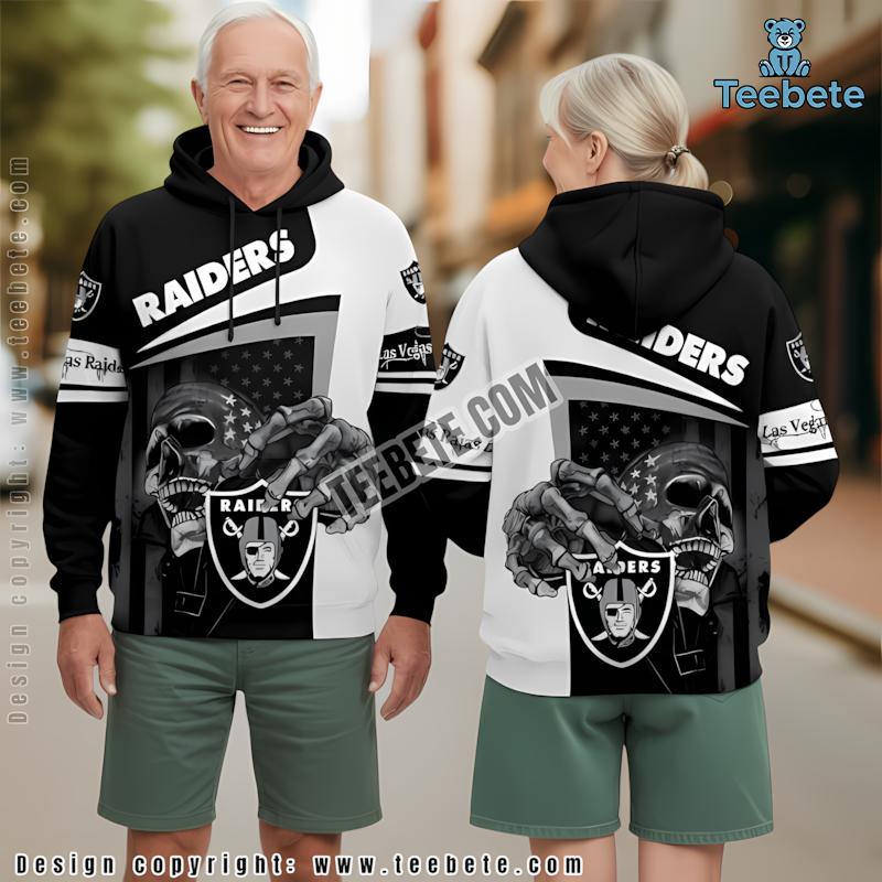 Las Vegas Raiders Skull 3D Hoodie Grey White Puff Print