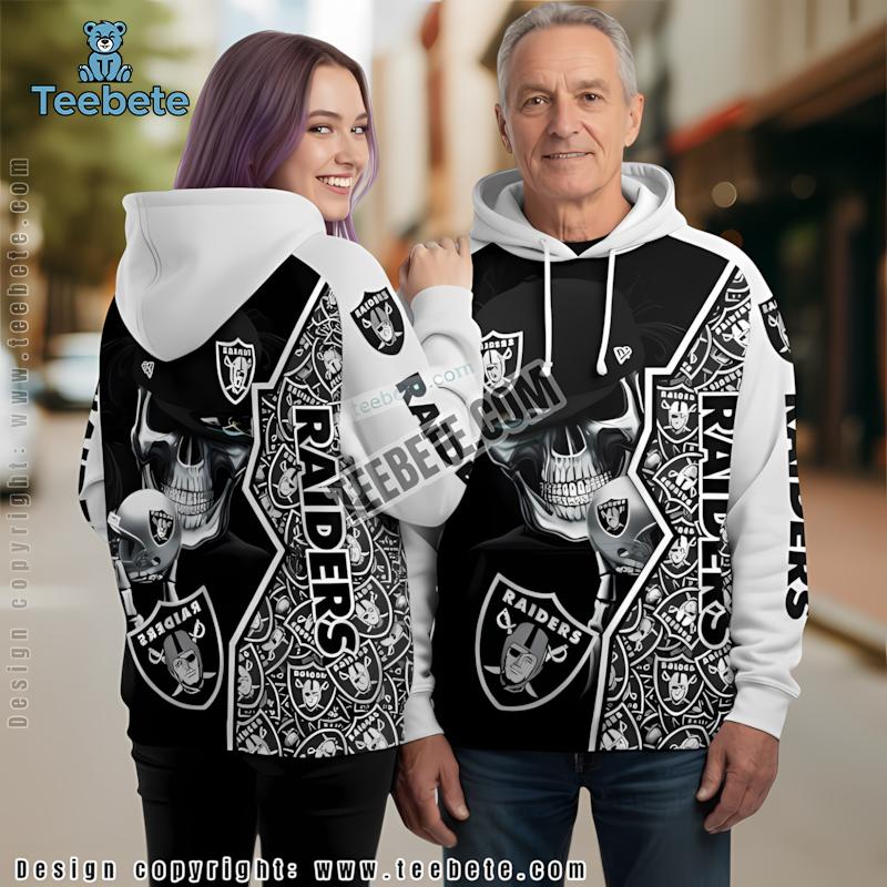 Las Vegas Raiders Scary Skull 3D Hoodie Black White Puff Print