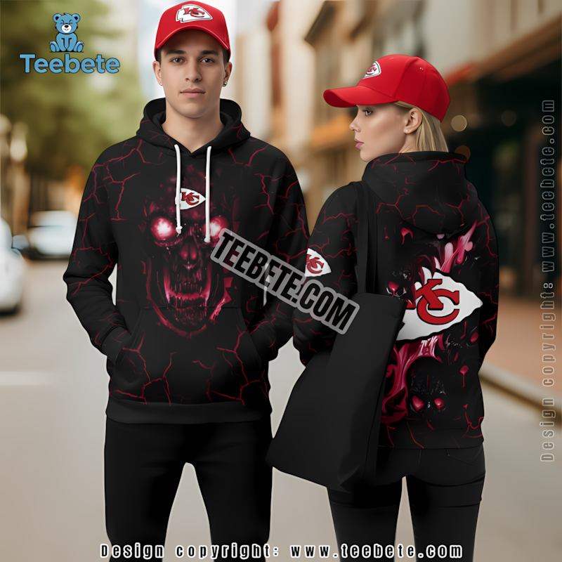 Kansas City Chiefs Lava Skull 3D Hoodie Black Red Mens