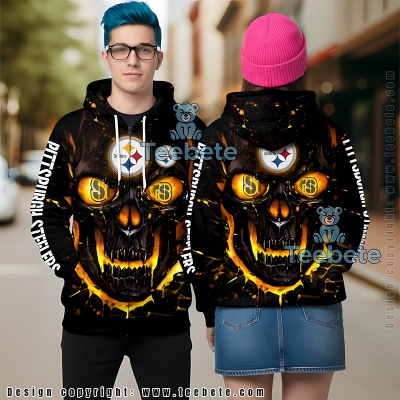 Pittsburgh Steelers Lava Skull 3D Hoodie Yellow Black Design