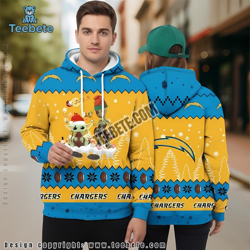 Los Angeles Chargers Santa Baby Yoda Groot 3D Hoodie Blue Yellow Mens