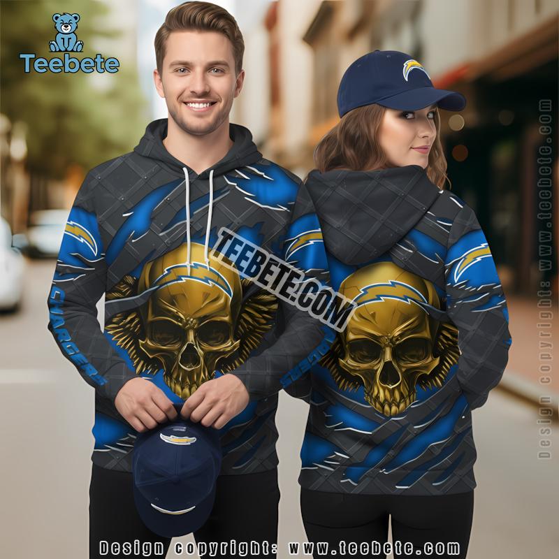 Los Angeles Chargers Skull Crack 3D Hoodie Blue Black