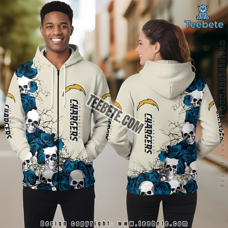 Los Angeles Chargers Skull In The Flower Garden 3D Hoodie White Blue
