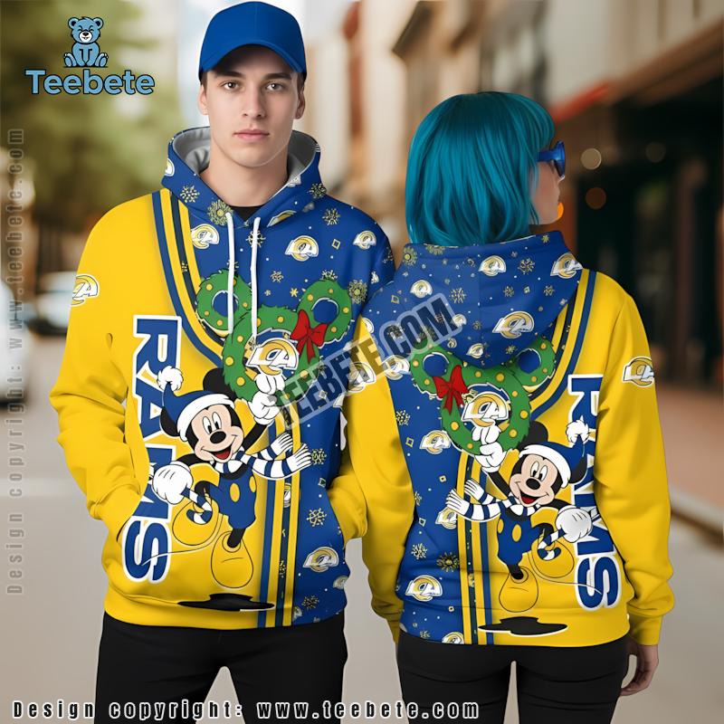 Los Angeles Rams Santa Mickey Mouse Christmas 3D Hoodie Pullover Yellow Blue