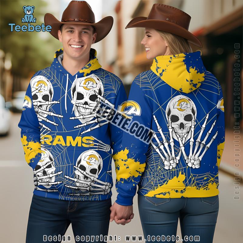 Los Angeles Rams Skull Halloween 3D Hoodie Blue Yellow For Sale