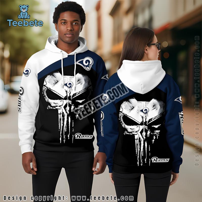 Los Angeles Rams Skull Punisher 3D Hoodie Printed White Black
