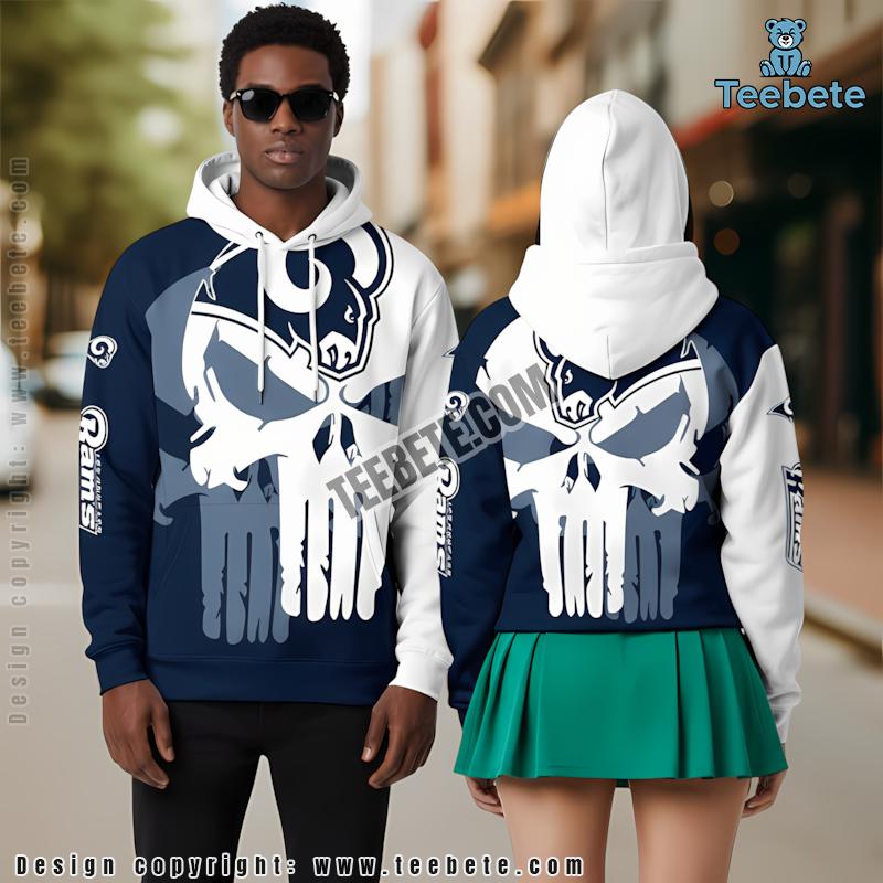 Los Angeles Rams Skull 3D Hoodie Zipper White Blue