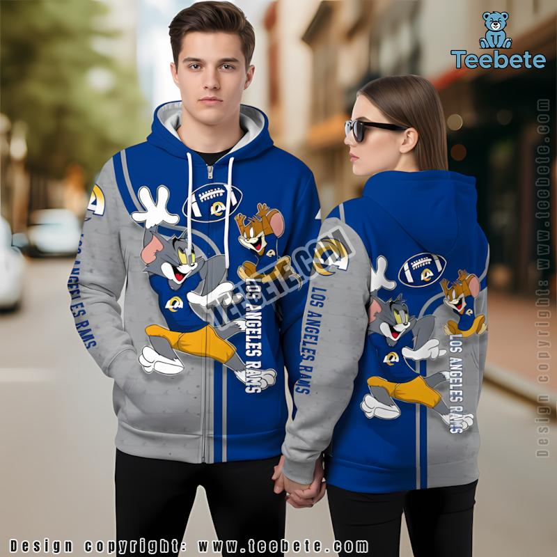 Los Angeles Rams Tom And Jerry 3D Hoodie Pullover Grey Blue