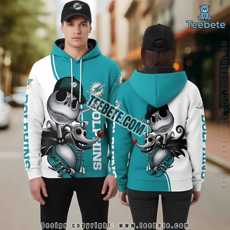 Miami Dolphins Jack Skellington Halloween 3D Hoodie Zipper Blue Black