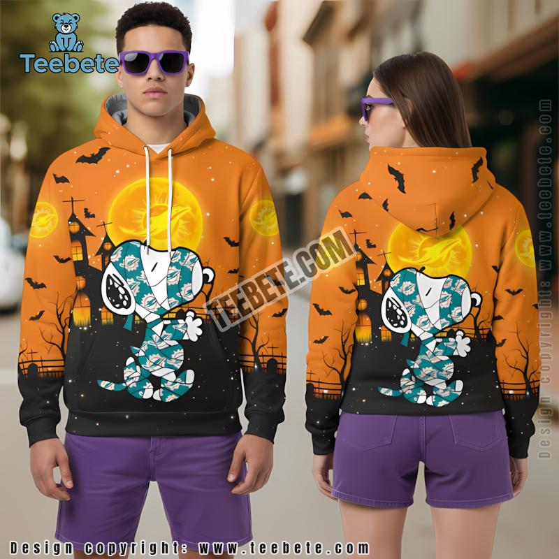 Miami Dolphins Mummy Snoopy Halloween 3D Hoodie Orange Black Graphic