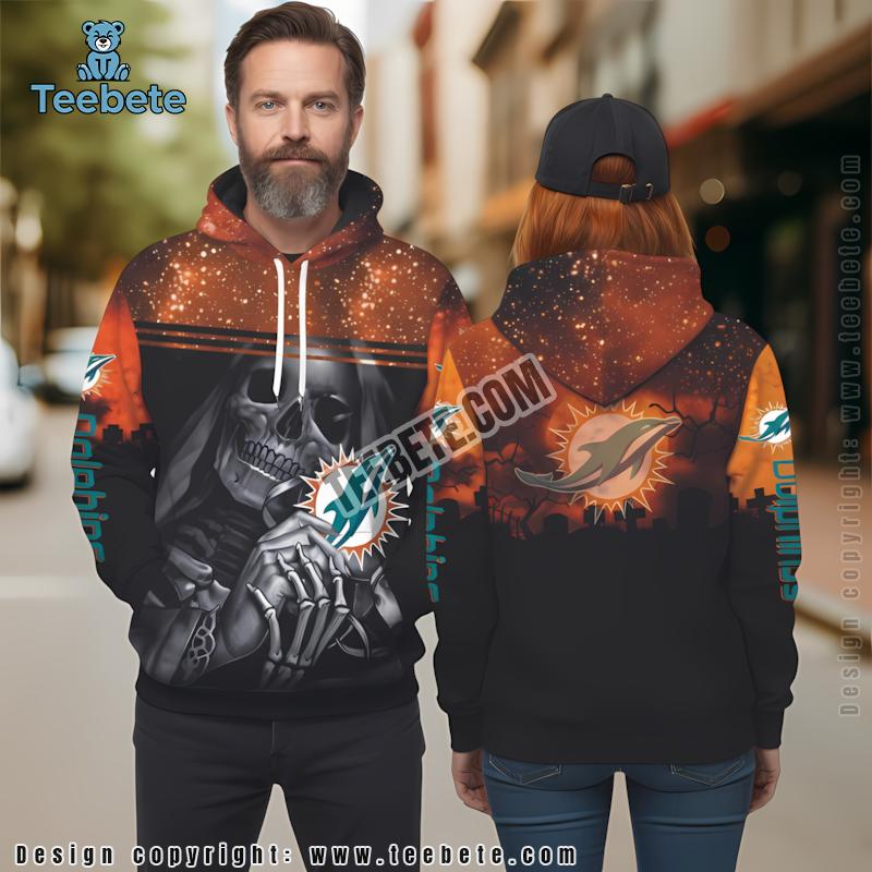 Miami Dolphins Skull Halloween 3D Hoodie Black Orange For Sale