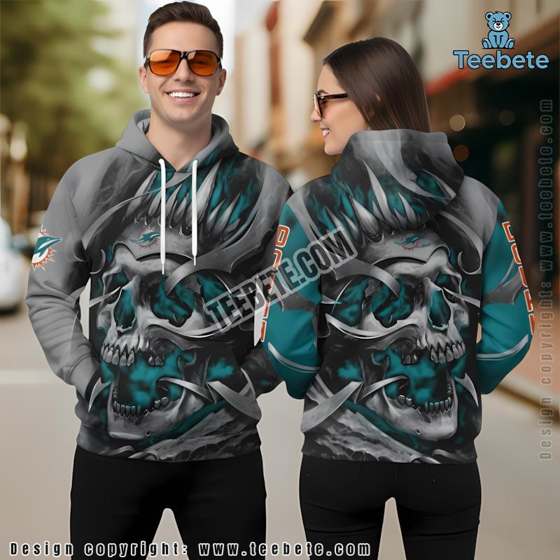 Miami Dolphins Skull Halloween Christmas 3D Hoodie Grey Blue