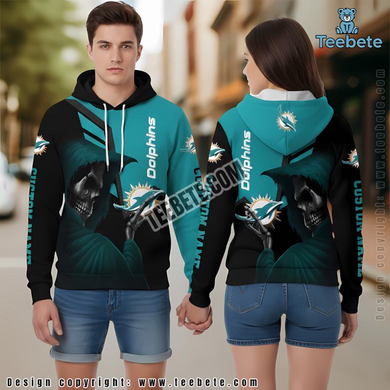 Miami Dolphins Skull Skeleton 3D Hoodie Blue Black Mens