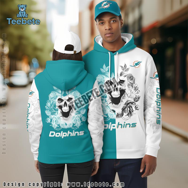 Miami Dolphins Skull Wrapped Flowers 3D Zip Up Hoodie White Blue
