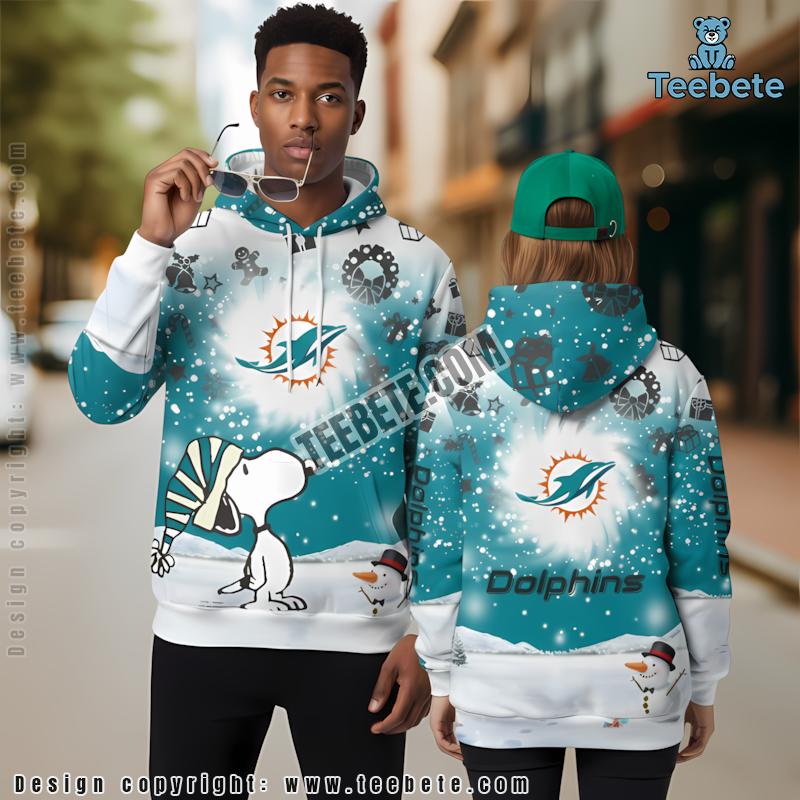 Miami Dolphins Snoopy Snowman Christmas 3D Hoodie Blue White Mens
