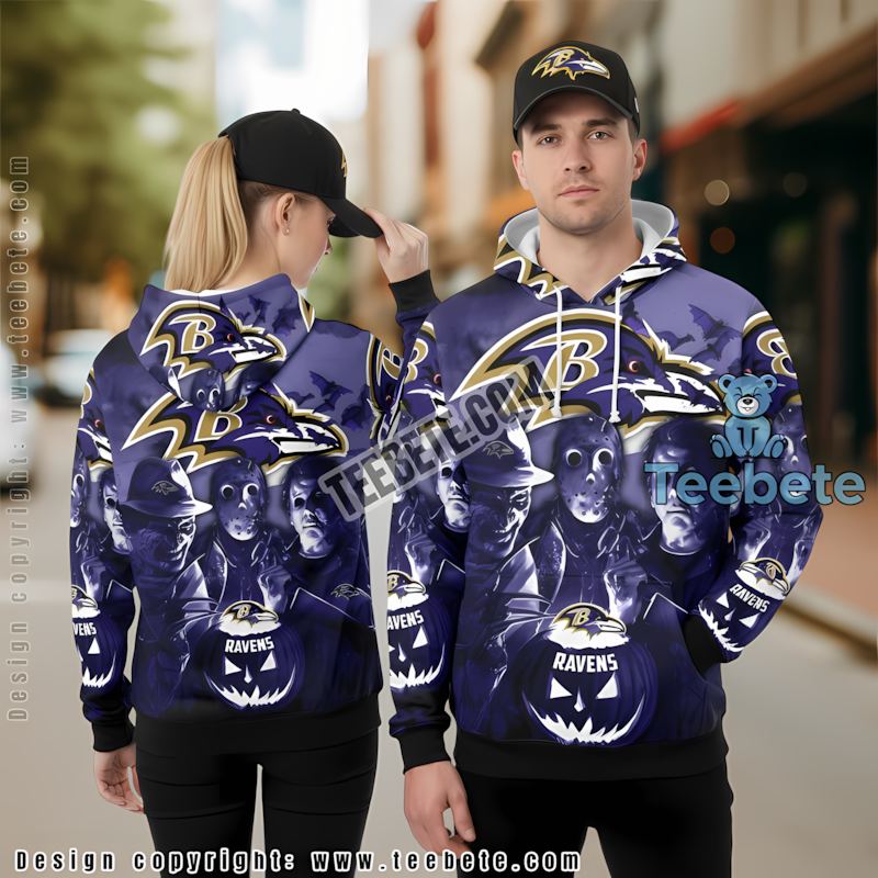 Baltimore Ravens Michael Myers Freddy Christmas 3D Hoodie Blue