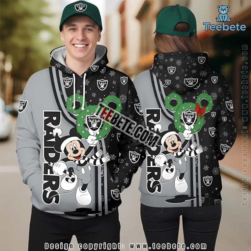Las Vegas Raiders Mickey Mouse Christmas 3D Hoodie Grey Black Unisex