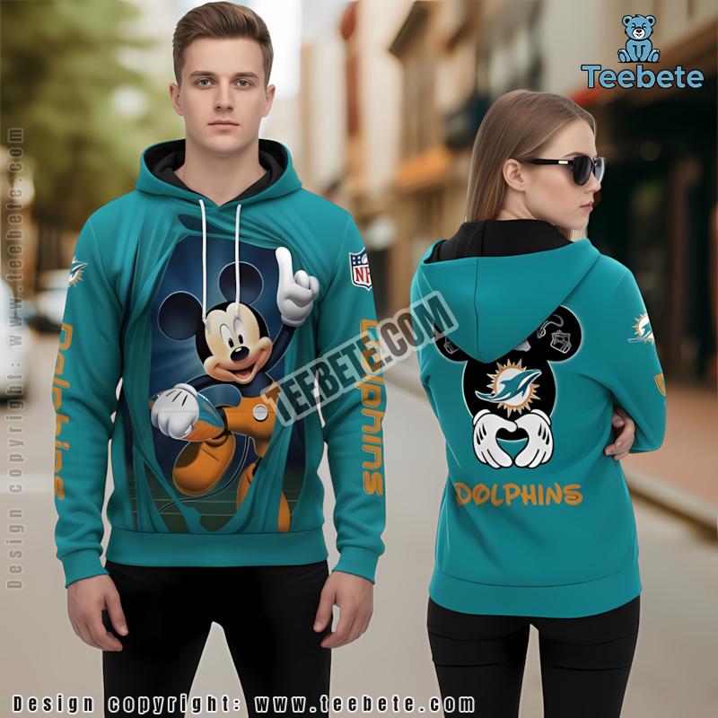 Miami Dolphins Mickey Mouse Christmas 3D Hoodie Blue Orange Womens