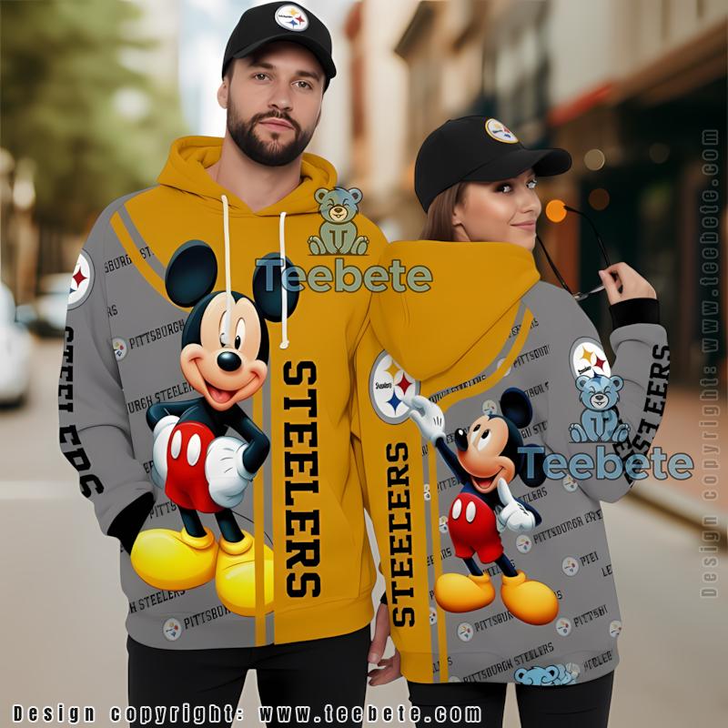 Pittsburgh Steelers Mickey Mouse 3D Hoodie Grey Yellow Puff Print
