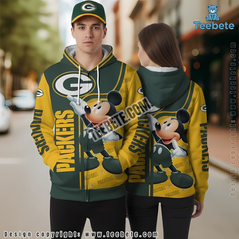 Green Bay Packers Mickey Mouse 3D Zip Up Hoodie Green Yellow