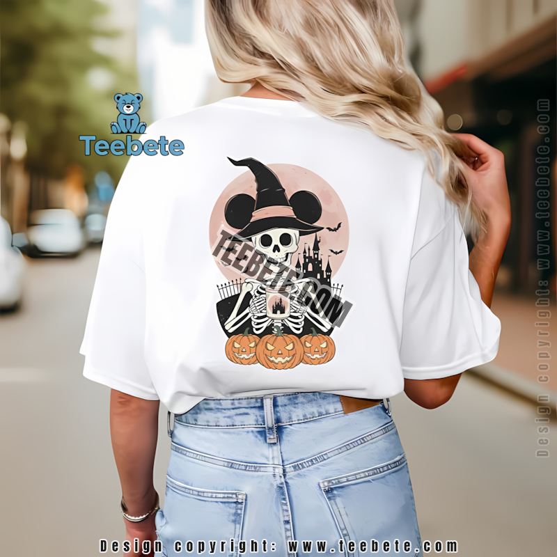 Mickey Skeleton With Coffee And Pumpkins Halloween Castle Shirt