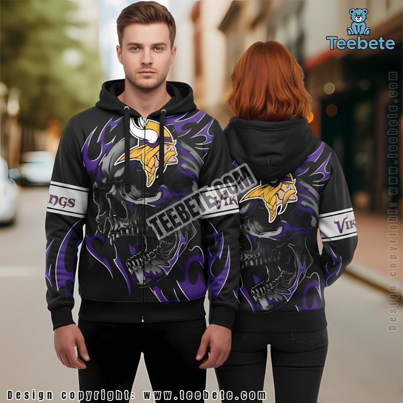 Minnesota Vikings Angry Skull 3D Hoodie Black Womens