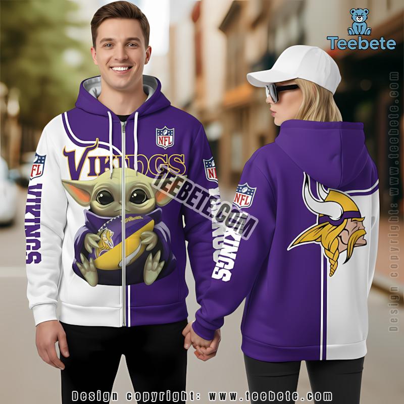 Minnesota Vikings Baby Yoda 3D Hoodie Purple White Mens