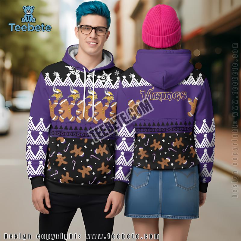 Minnesota Vikings Gingerbread 3D Hoodie Purple Black Mens