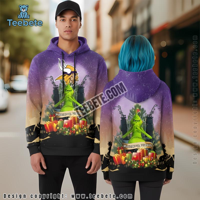 Minnesota Vikings Grinch Christmas 3D Hoodie Purple Black Youth