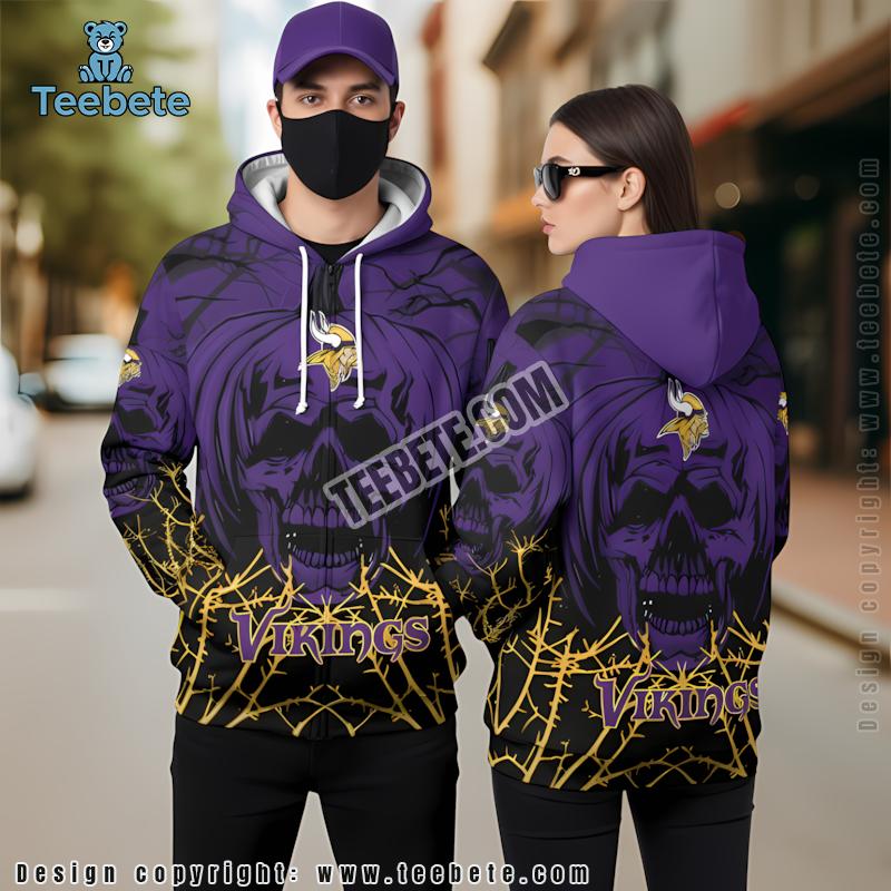 Minnesota Vikings Halloween Pumpkin Skull 3D Hoodie Purple Black Unisex