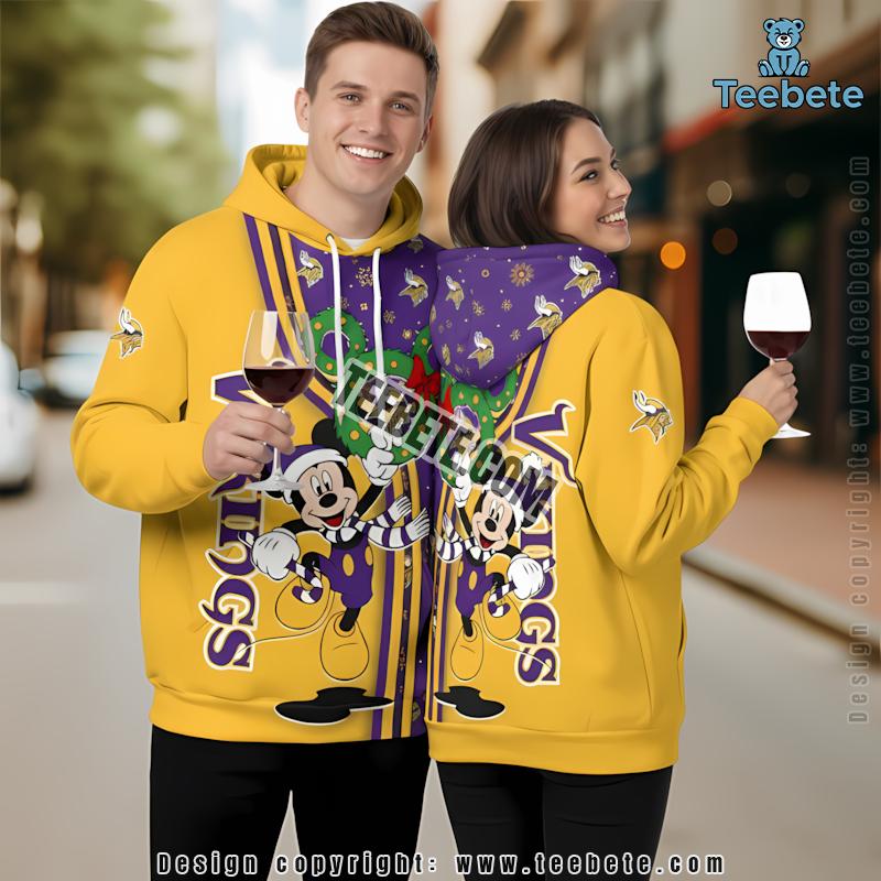 Minnesota Vikings Santa Mickey Mouse Christmas 3D Hoodie Purple Yellow Womens