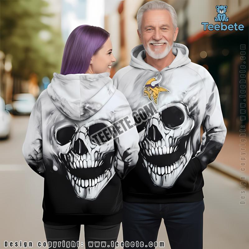 Minnesota Vikings Skull 3D Hoodie Black White Kids