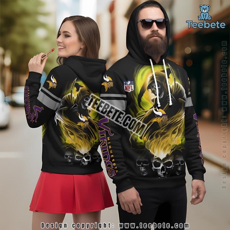 Minnesota Vikings Skull Scary 3D Hoodie Printed Yellow Black