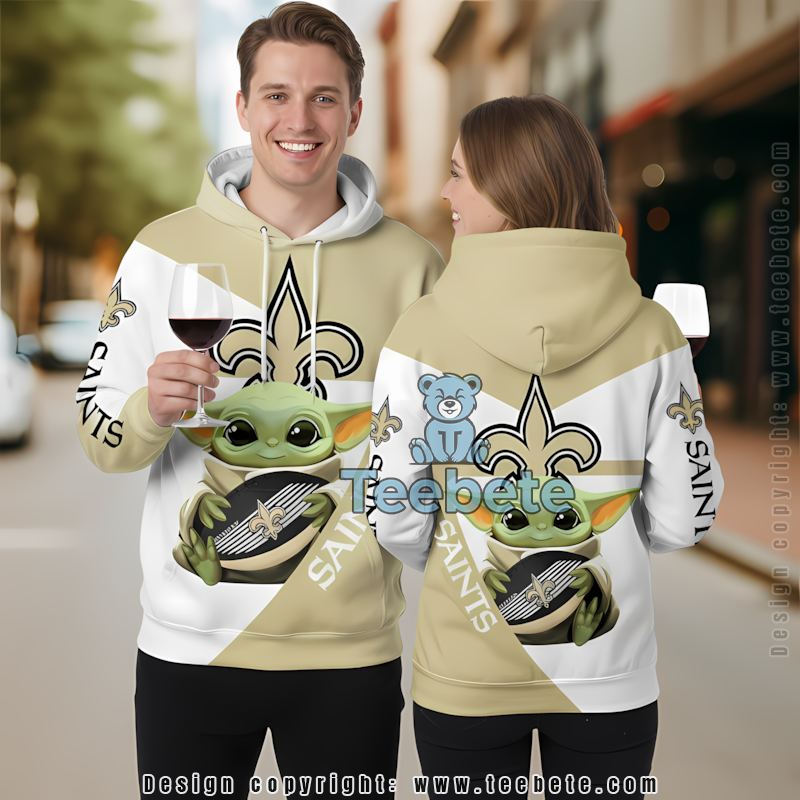 New Orleans Saints Baby Yoda 3D Hoodie White Yellow Printed