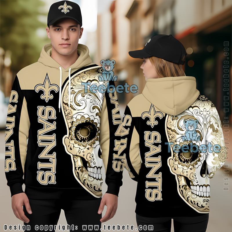 New Orleans Saints Flower Skull 3D Hoodie Pullover Black Yellow