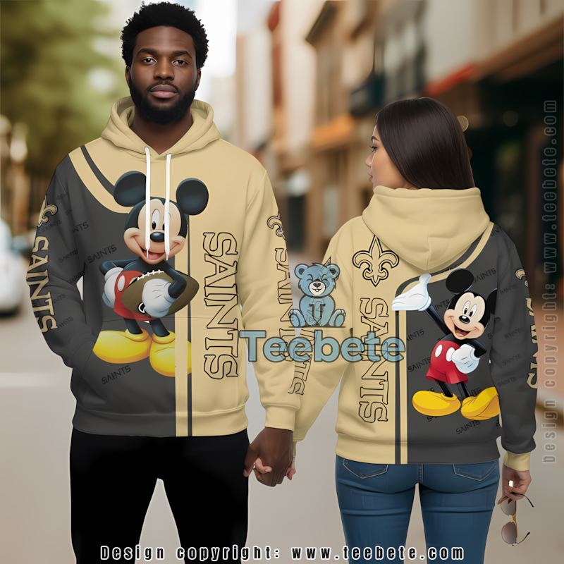 New Orleans Saints Mickey Mouse 3D Hoodie Yellow Grey For Sale