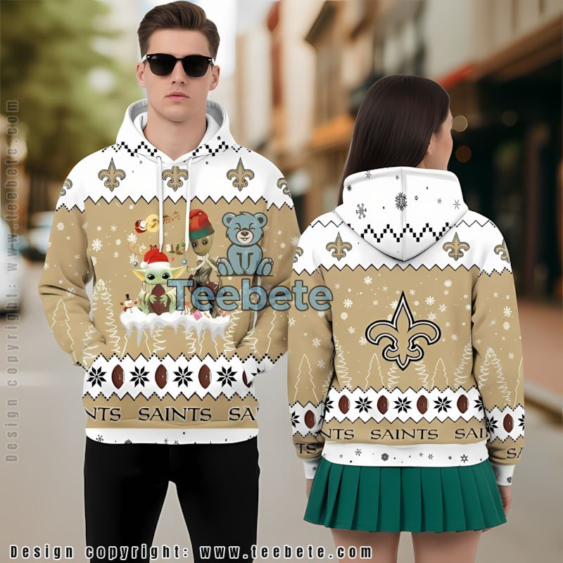 New Orleans Saints Santa Baby Yoda Groot 3D Hoodie Yellow White For Sale