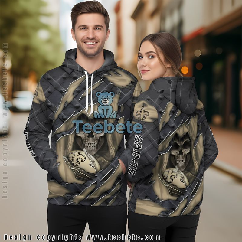New Orleans Saints Skull Cracked 3D Hoodie Grey Yellow Mens