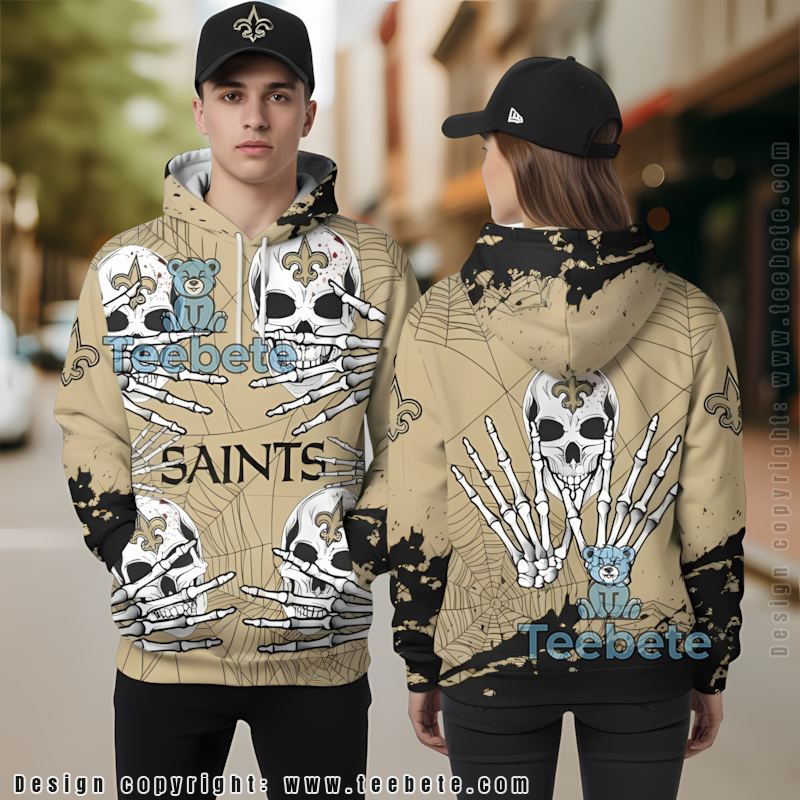 New Orleans Saints Skull Halloween 3D Hoodie Yellow Grey Mens New Orleans Saints Skull Halloween 3D Hoodie Yellow Grey Mens