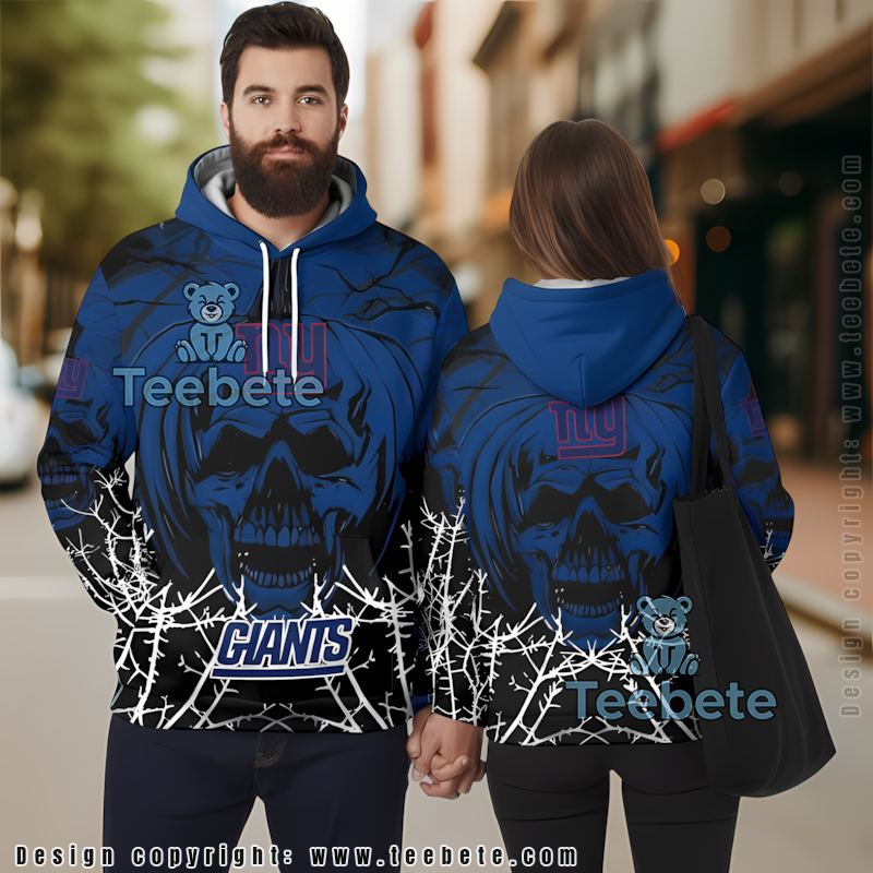 New York Giants Halloween Pumpkin Skull 3D Hoodie Black Blue Mens