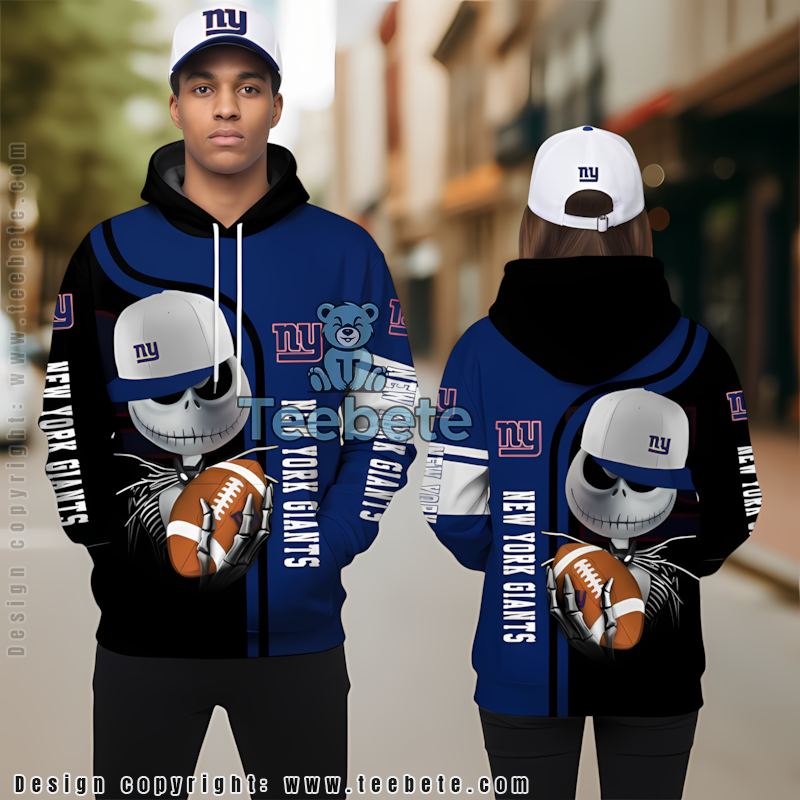 New York Giants Jack Skellington 3D Hoodie Black Blue Puff Print