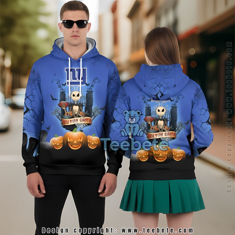 New York Giants Jack Skellington Pumpkin Halloween 3D Hoodie Black Blue Mens