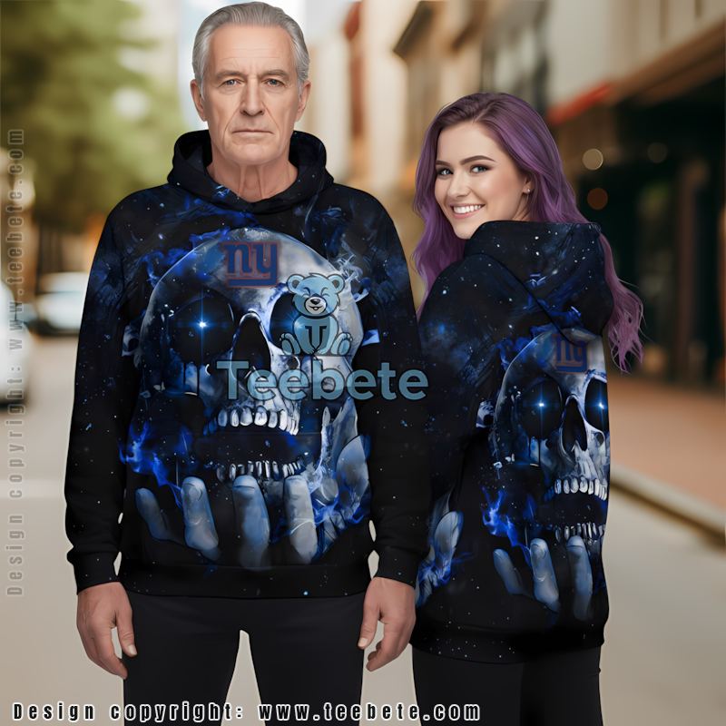New York Giants Skull Place On Hand 3D Hoodie Black Blue Mens Graphic