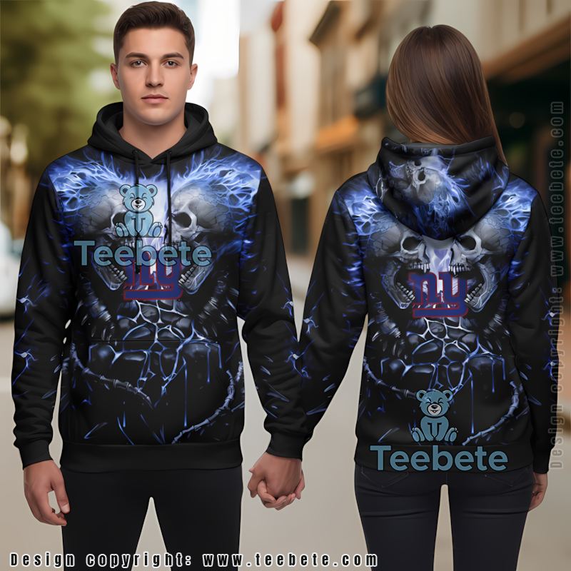 New York Giants Skull Unleash 3D Hoodie Black Blue Mens
