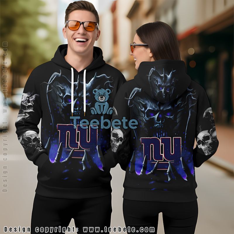 New York Giants Skull Uprising 3D Hoodie Black Blue Puff Print