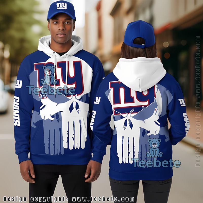 New York Giants Skull 3D Hoodie White Blue Puff Print