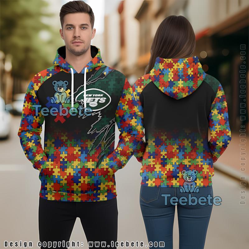New York Jets Autism Awareness 3D Hoodie Blue Black Youth